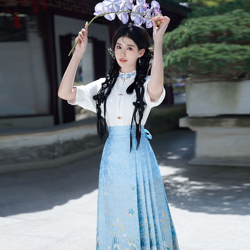 Fioridi - Hanfu-top met elleboogmouwen, bloemenborduursel en knoopjes / Midi-rok met hoge taille en feniksprint