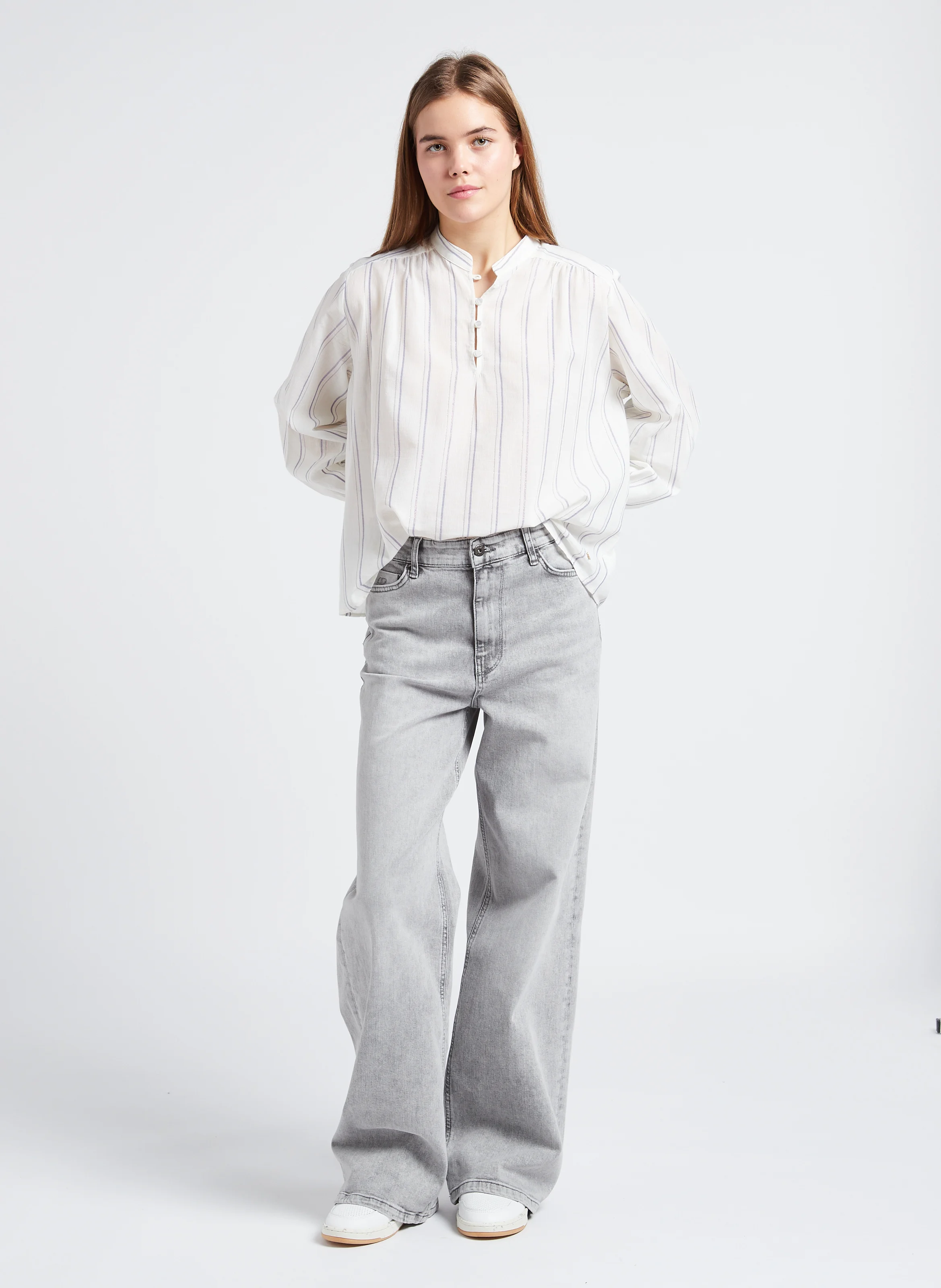 LINA - Jean ample taille haute en coton mélangé | Gris