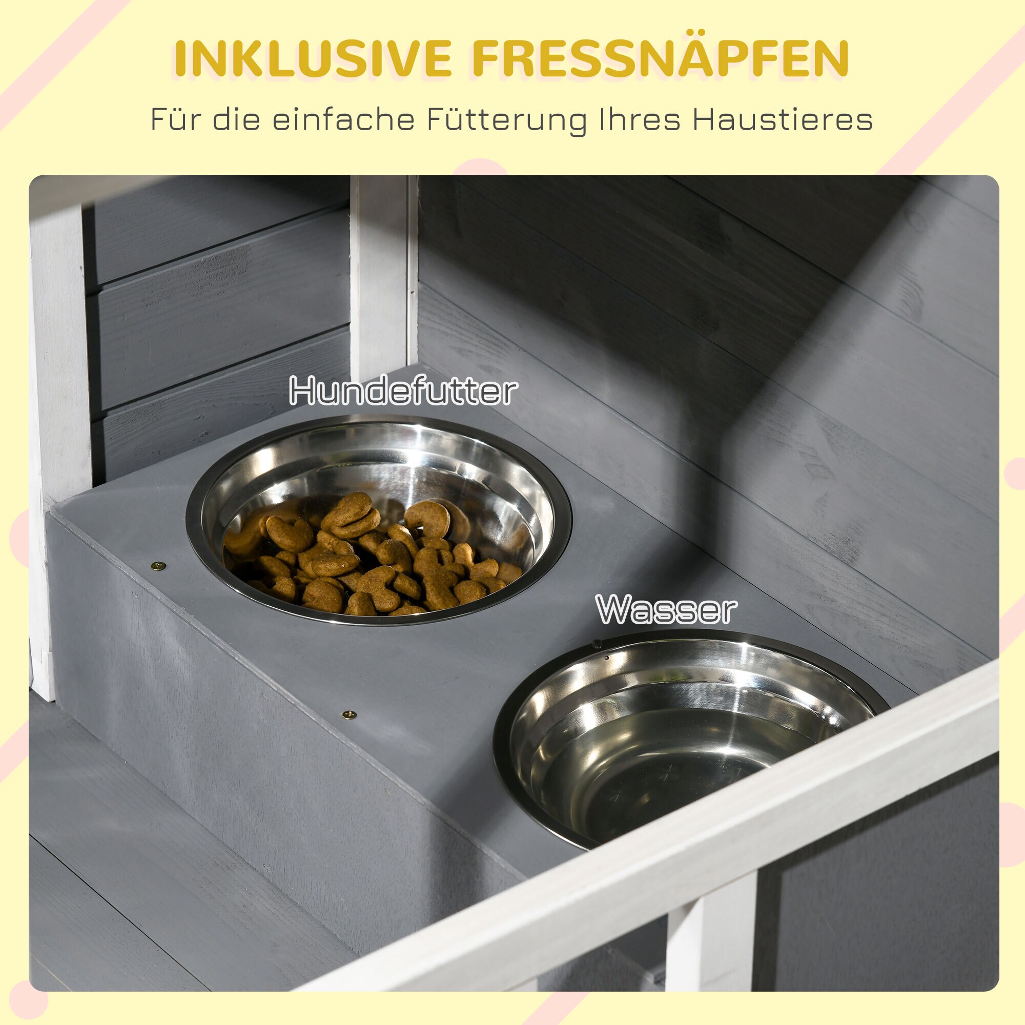 PawHut Hundehütte mit Fressnäpfen grau, weiß 103L x 62B x 66H cm