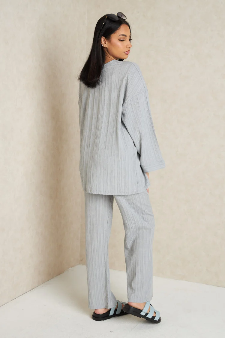 Ensemble 2 pièces pull fin + pantalon à rayures gris clair