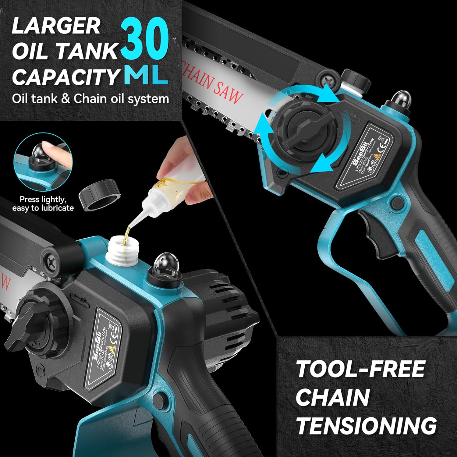 SEESII P6 Combo 6 Zoll Mini Kettensäge mit Teleskopstange & 33 mm Elektro Gartenschere, 4-in-1 Gartenwerkzeug Set mit 2 x 4000mAh Batterien, Maximale Reichweite bis 4,57 m, 30 ml Öltank