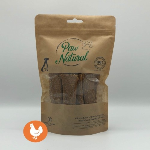 Tiras de petiscos Paw com sabor natural de frango para cães.