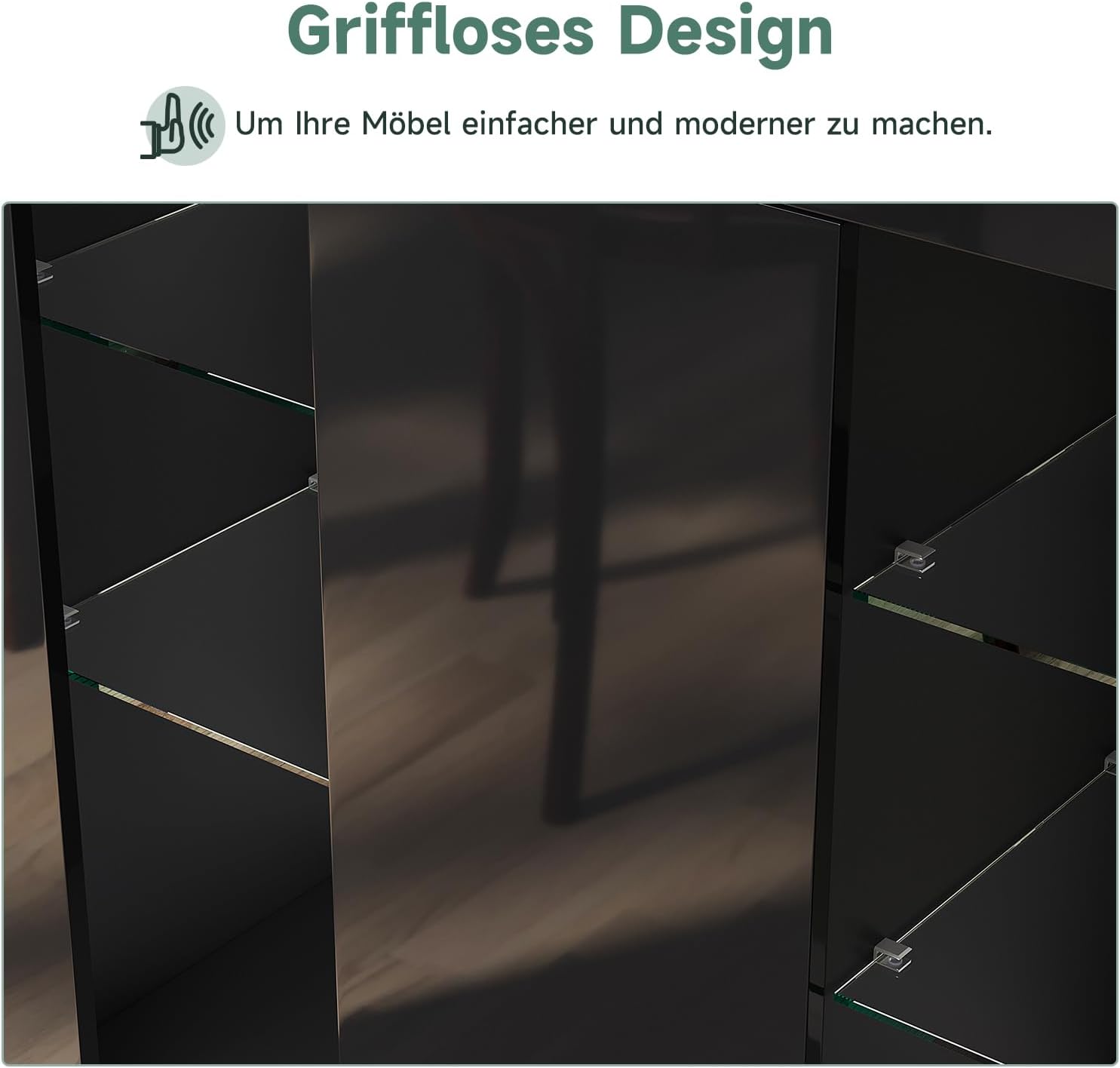 Kommode Sideboard mit LED-Leuchten Schwarz Beistellschrank mit 1 Türen und Offene Glas Regale modern Küchenschrank für Wohnzimmer 90 x 35 x 83cm