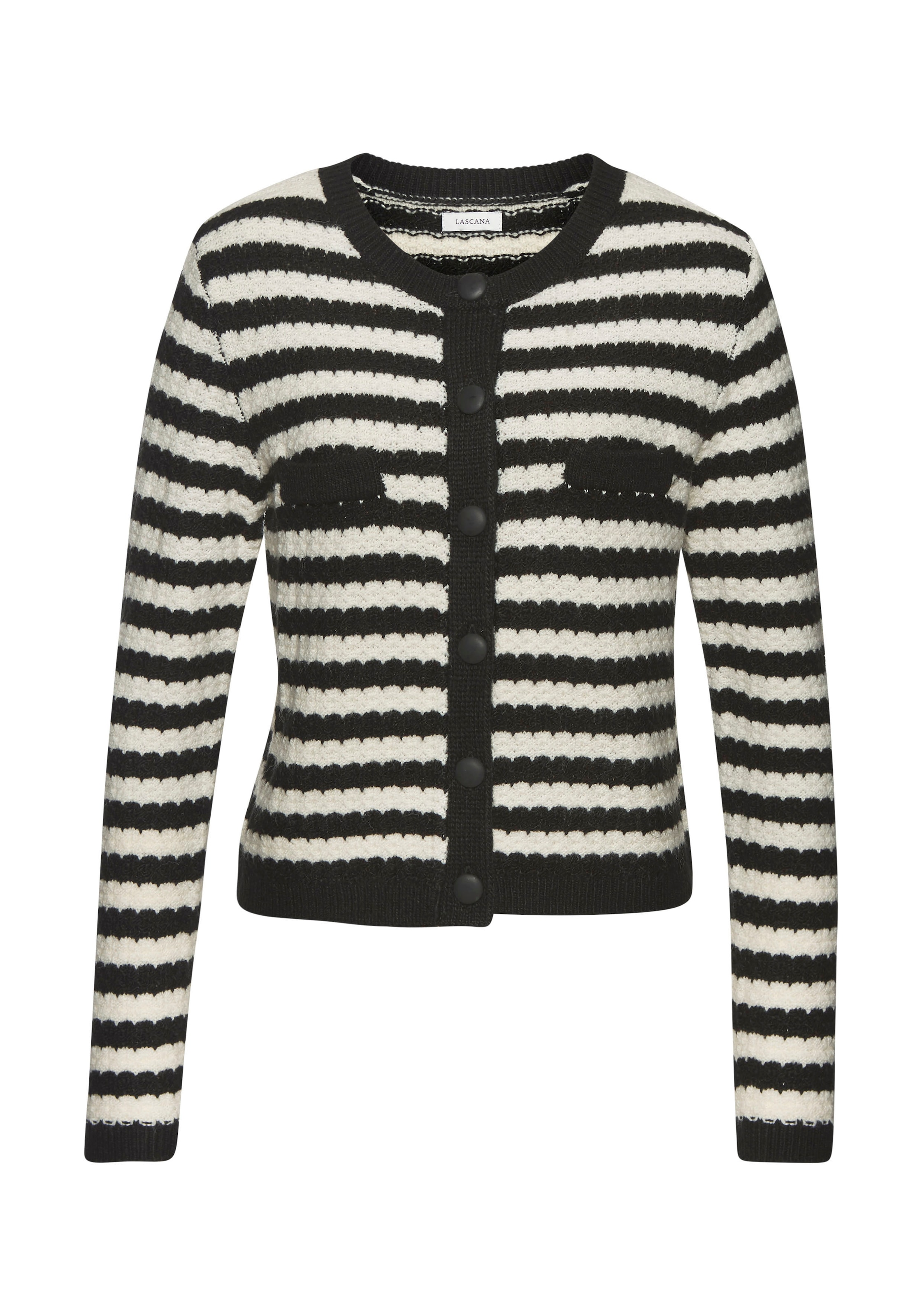 LASCANA Strickjacke , mit Streifenmuster, Kontrastbündchen, markante Knopfleiste