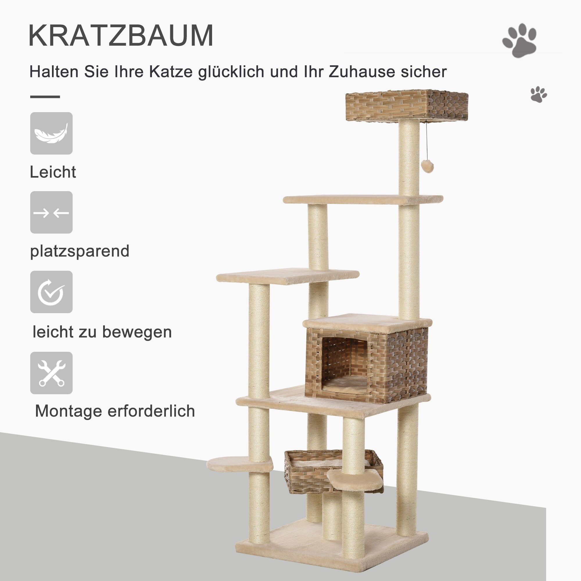 PawHut Kratzbaum mehrstöckig beige, braun 55 x 55 x 174 cm