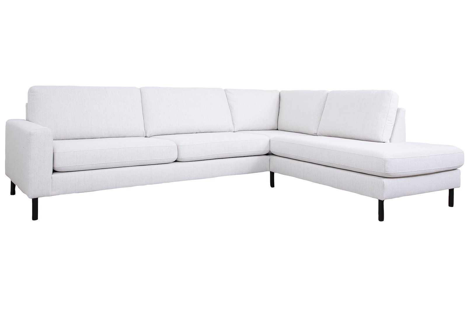 Pixel hjørnesofa 3-seter med åpen ende høyre. Tekstil Neve 02 offwhite. Høy front, W31 sortlakkert ben og arm A15. Komfort 1.
