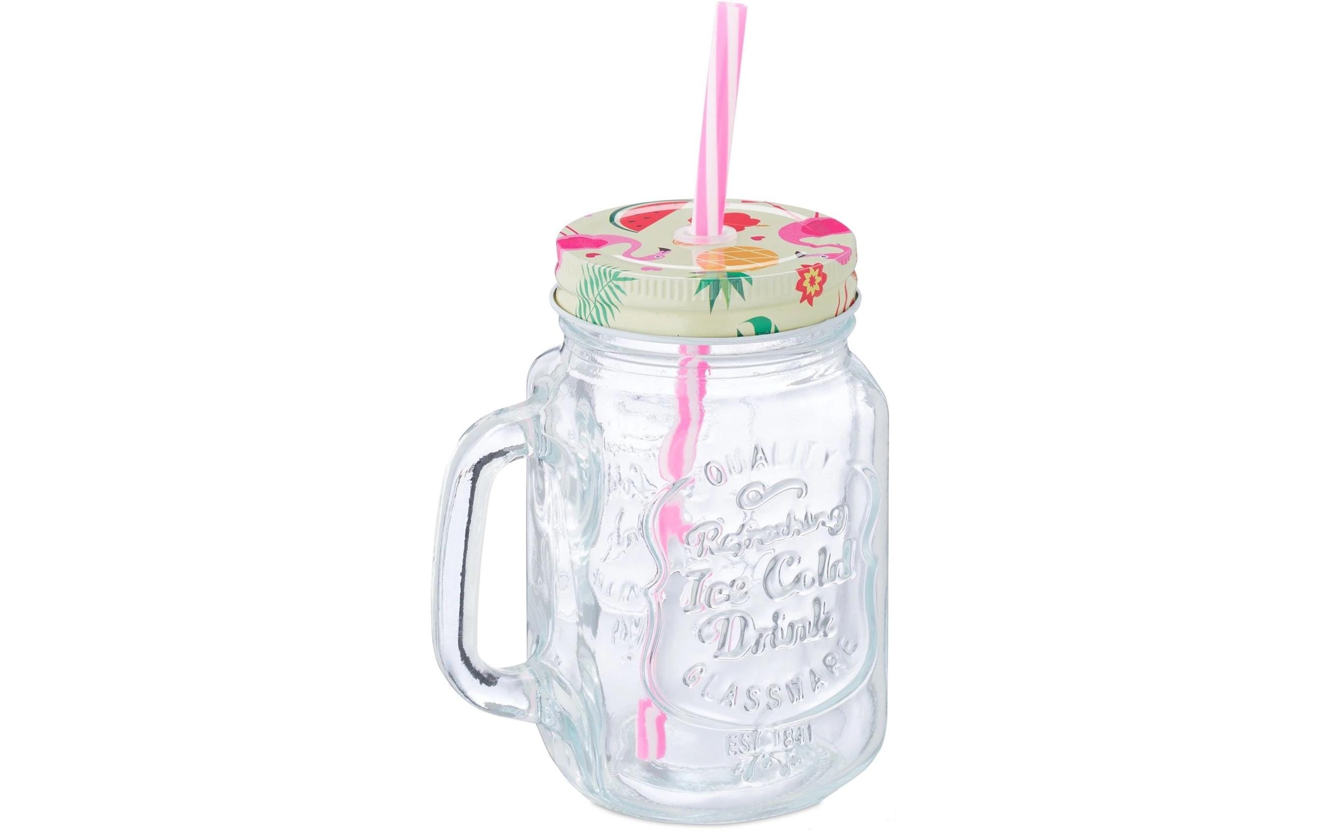 Trinkkrug Flamingo 500 ml, 12 StückHenkelgläser mit Deckel und Strohhalm