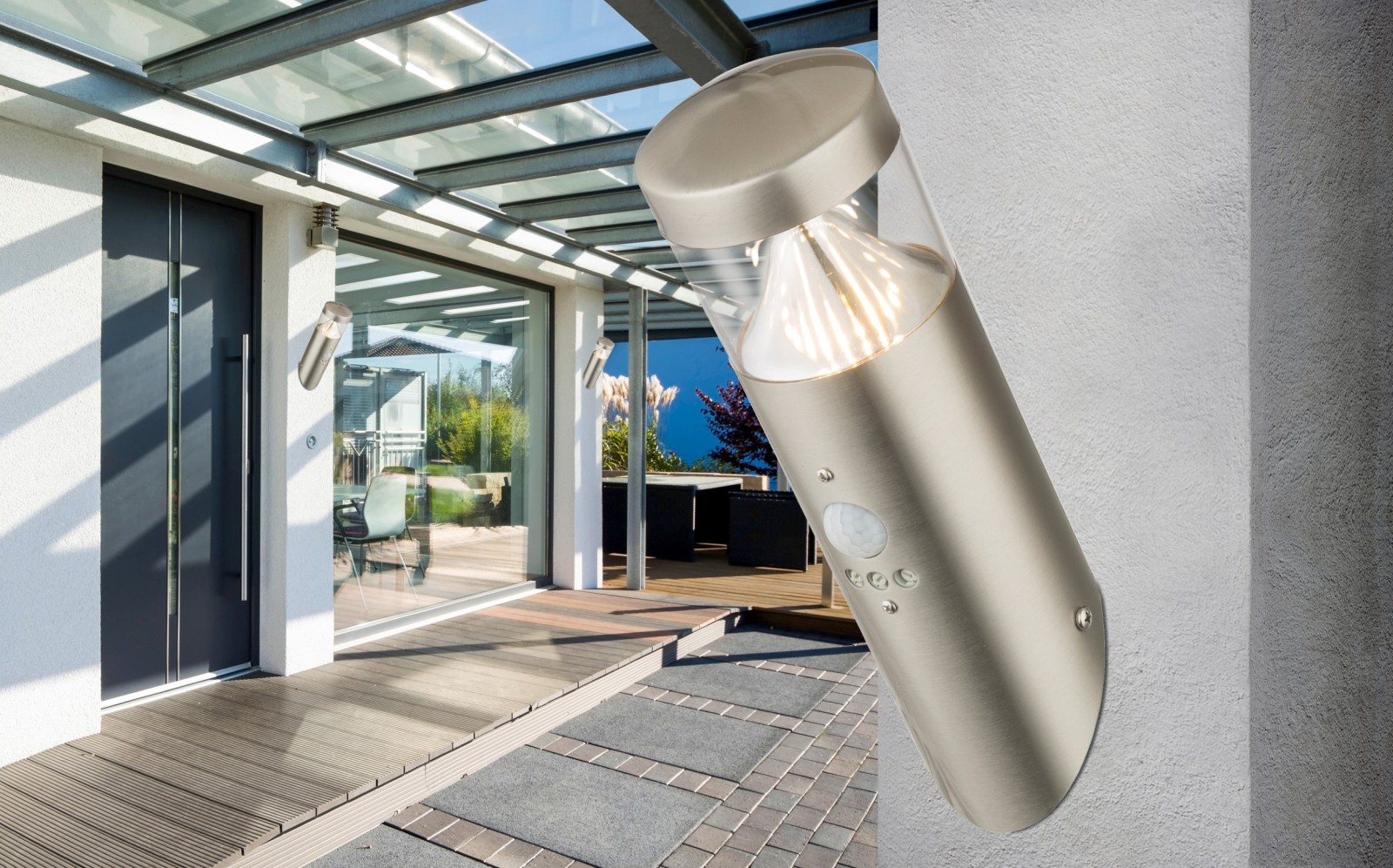LED-Außenleuchte - chromfarben - mit Sensor - Ø 8 cm