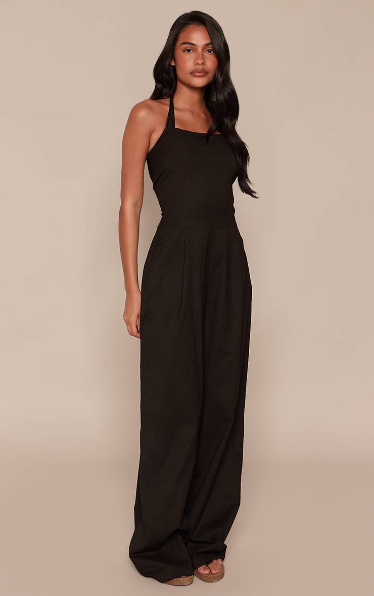 Noir Combinaison Pantalon Dos Nu Effet Lin Avec Col Licou