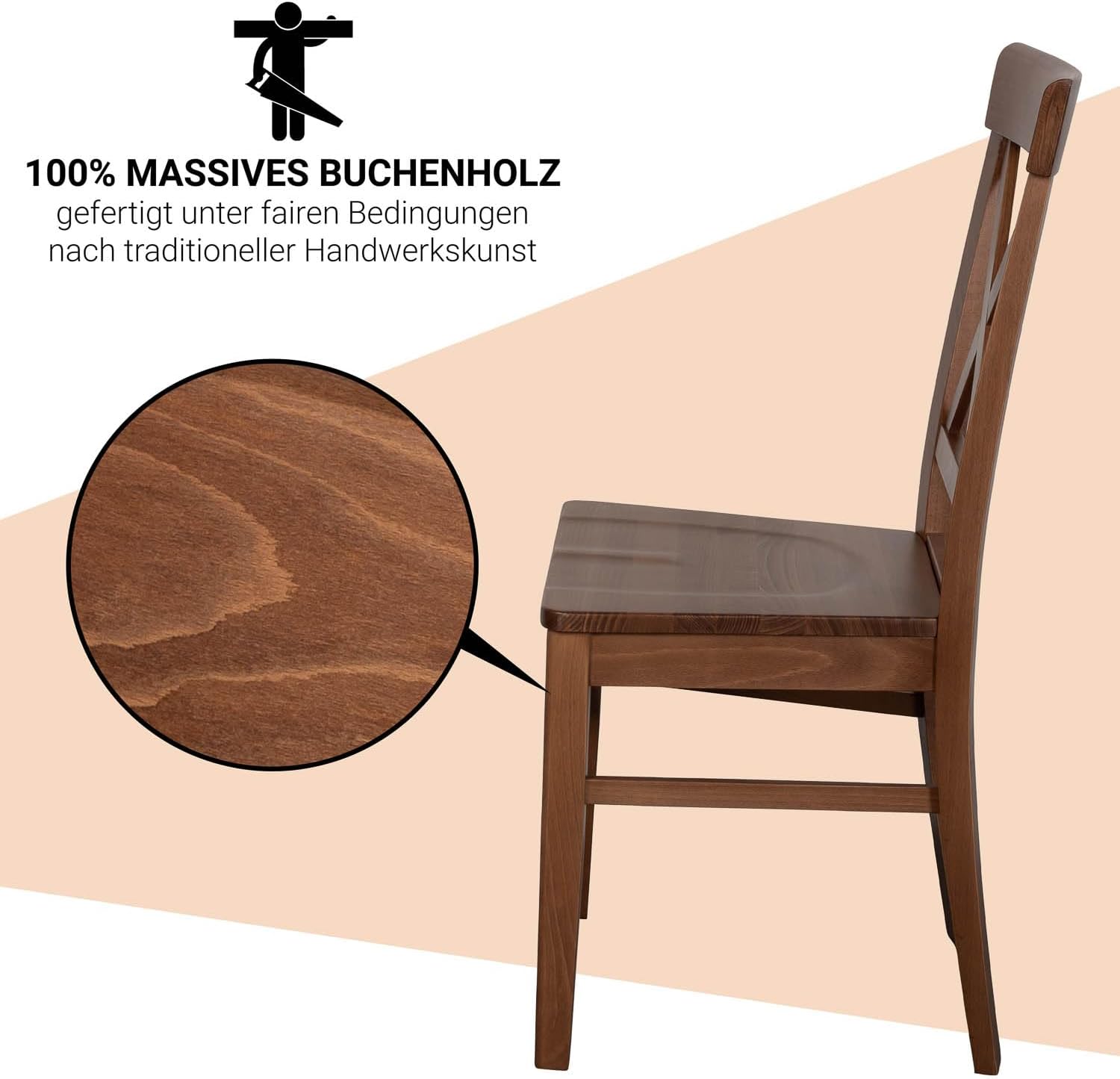CH24 Esszimmerstuhle 2er Set Holz Stuhl bis 150 kg - Fertig montiert - Küchenstuhl 100% Massive Kernbuche Holzstuhl (Nussbaum)