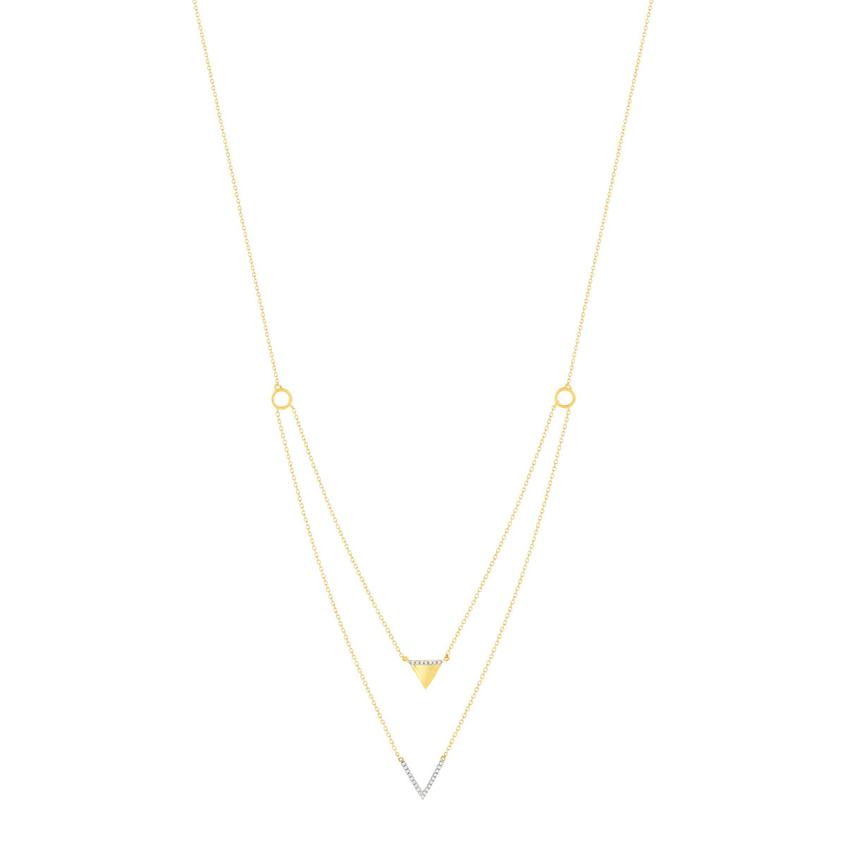 Collier or 375 2 tons, forme triangle, diamants. Longueur 45 cm.