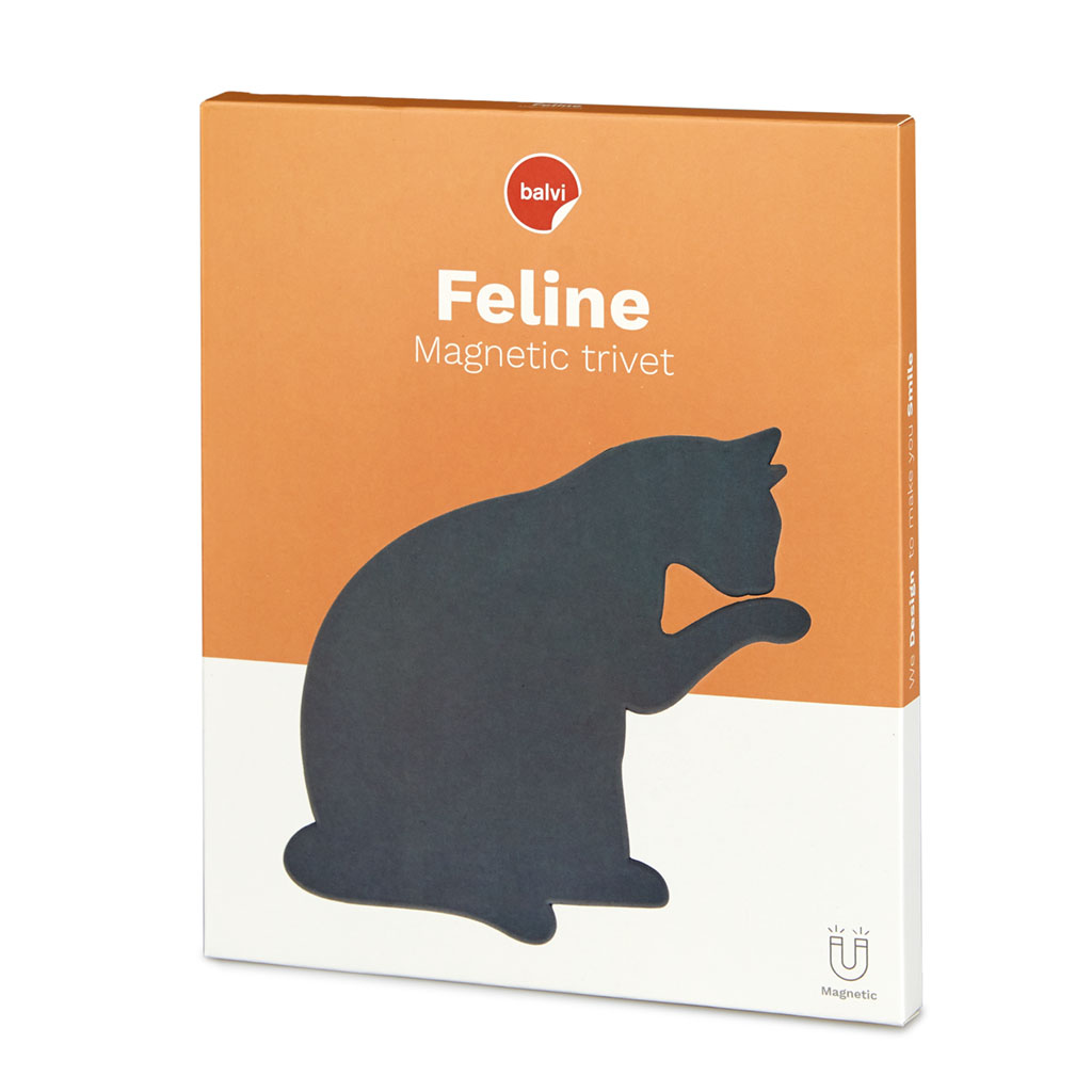 Tapete de silicone Balvi Feline, cinza, magnético, em formato de gato.