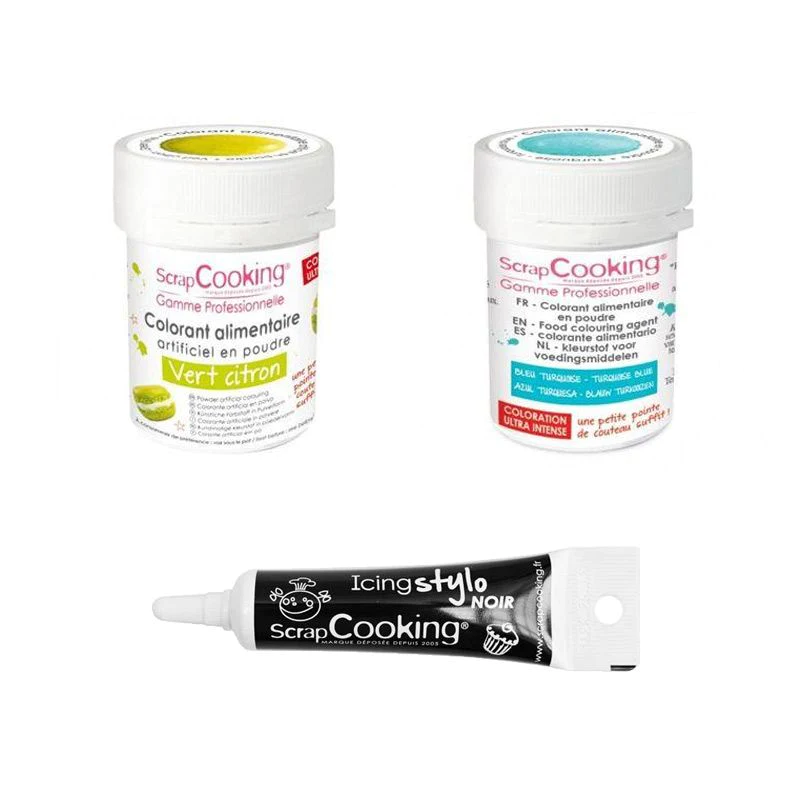 2 colorants alimentaires turquoise-vert citron + Stylo glaçage noir Sc