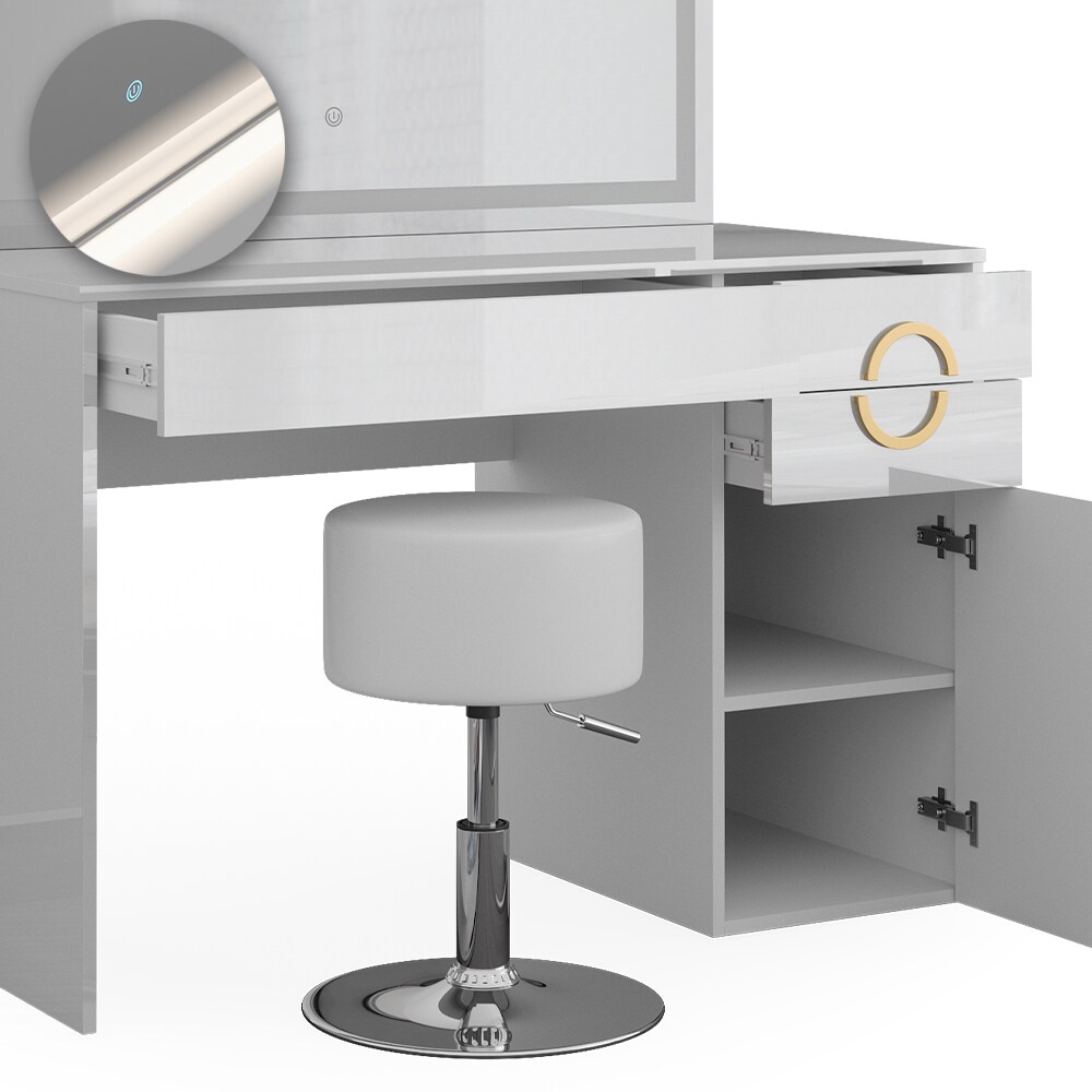 Vicco Schminktisch Adela Weiß Hochglanz, 115 x 76,4 cm mit LED-Spiegel, Hocker