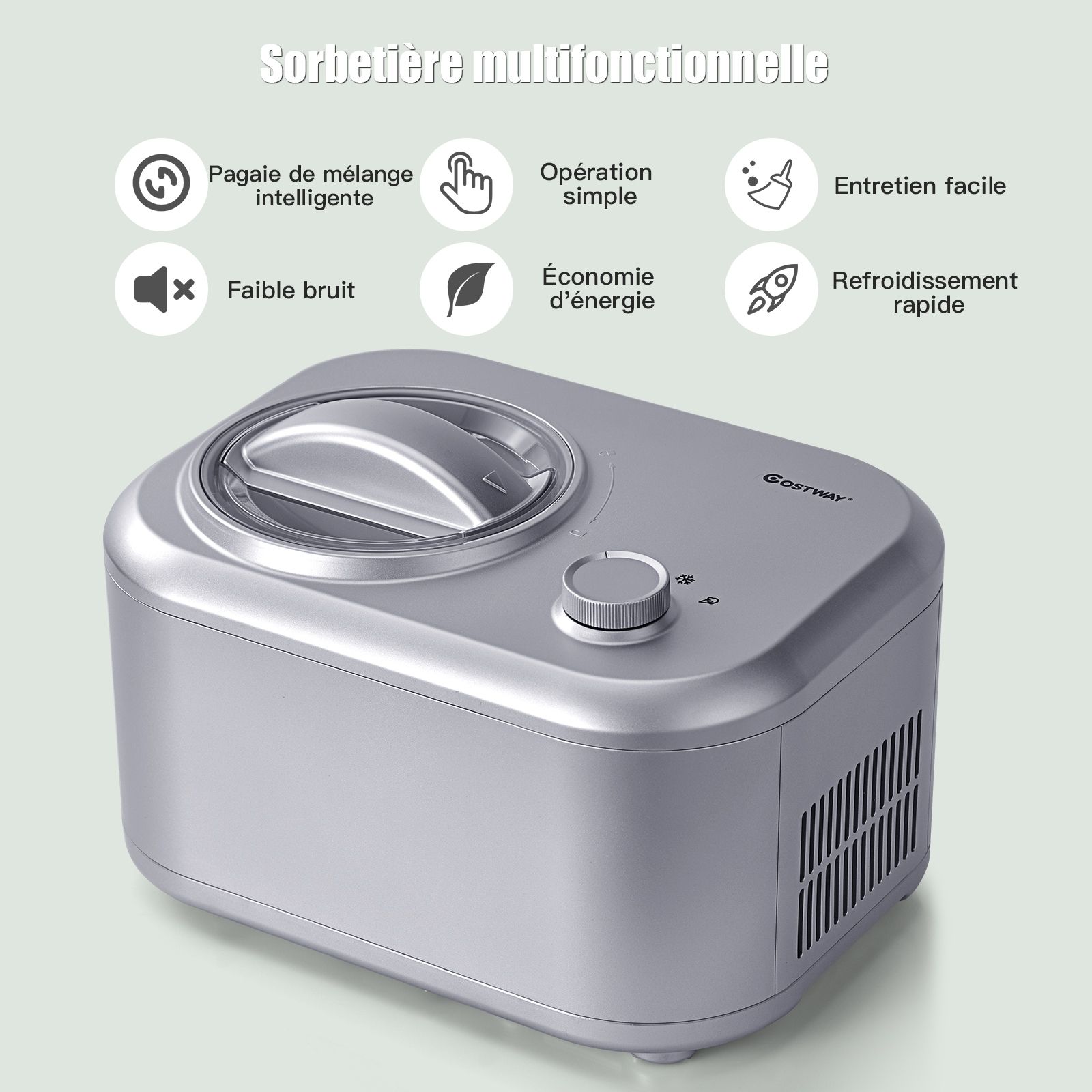 Sorbetière Turbine à Glace 1L Puissance 100W à Compresseur avec Cuillère 3 Modes de Fonctionnement Argent - Lidl-Manfred