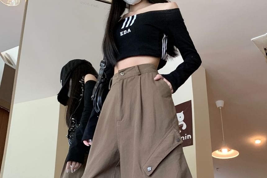 RONIN - High Rise Plain Wide Leg Cargo-broek