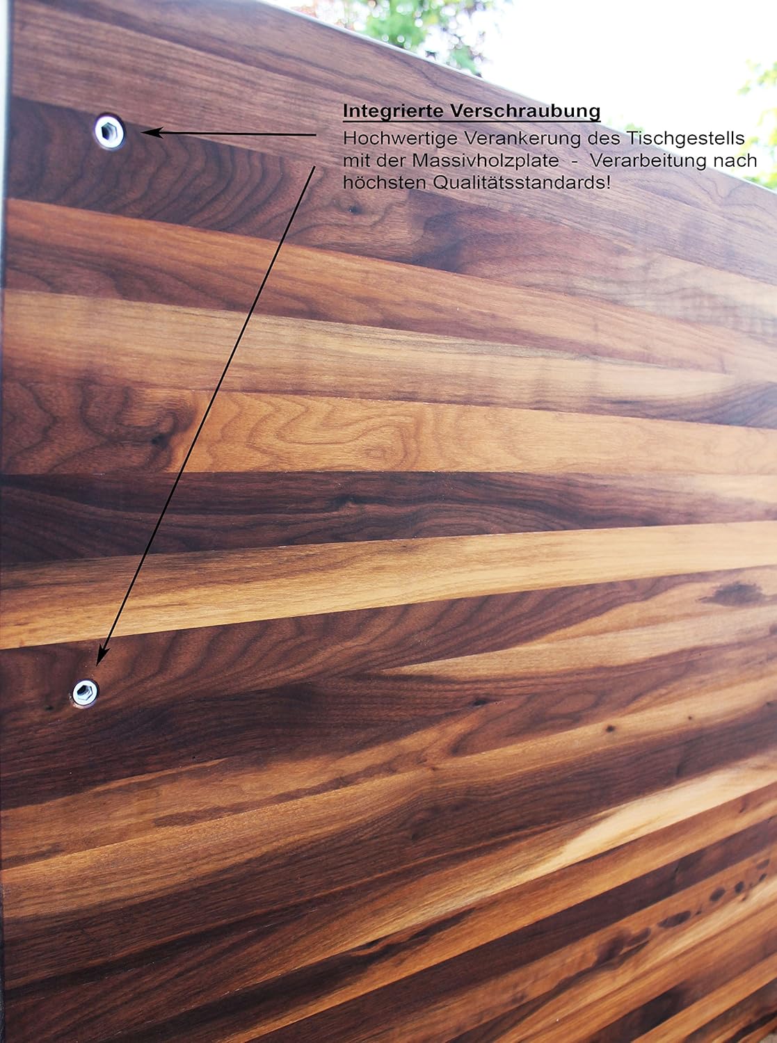 Esstisch Massivholz Edelstahl Serie Munich, Tisch Holz Nussbaum amerik. massiv 220 x 100 cm, Holztisch Edelstahl Metall Stahl, Premium Esstisch, Design Tisch Edelstahl Tischgestell