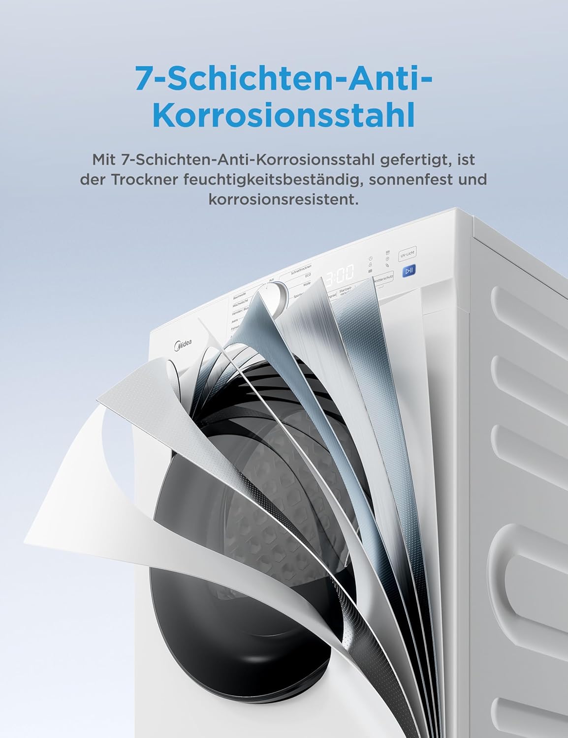 Midea Wärmepumpentrockner V3 series, 10 kg, Energieklasse D mit Wärmepumpentechnologie, UV-Licht für hygienische Reinheit, Knitterschutz, LED-Display, Startzeitvorwahl,Schnelltrocknen,MDV3EH100D,Weiß