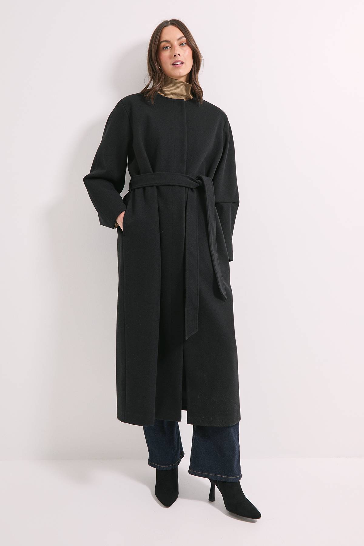 Wallis Manteau Maxi Sans Col avec Ceinture Principles by Wallis