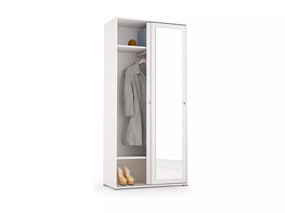 Armoire Dmontic, Armoire avec 2 portes coulissantes et miroir, Armoire avec tringle à vêtements et étagères, 100% Made in Italy, 90x45h195 cm, Blanc