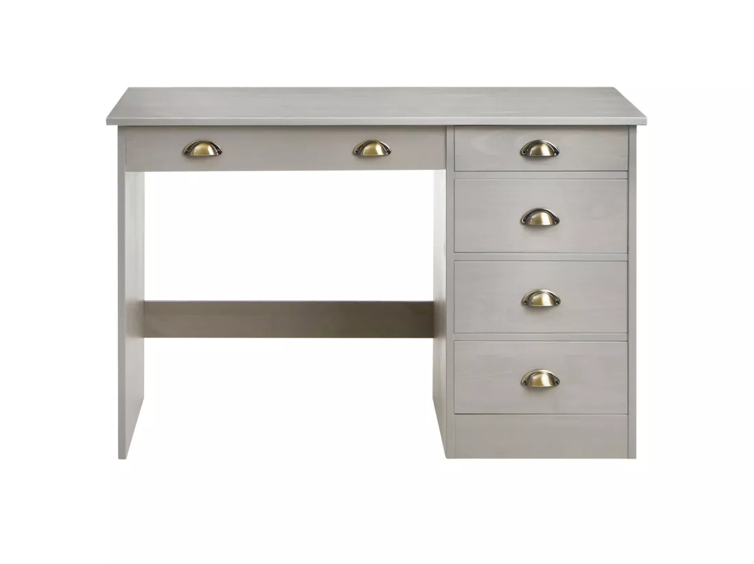 Bureau LANA avec rangement 5 tiroirs et poignées en forme de coquille, en pin massif lasuré gris