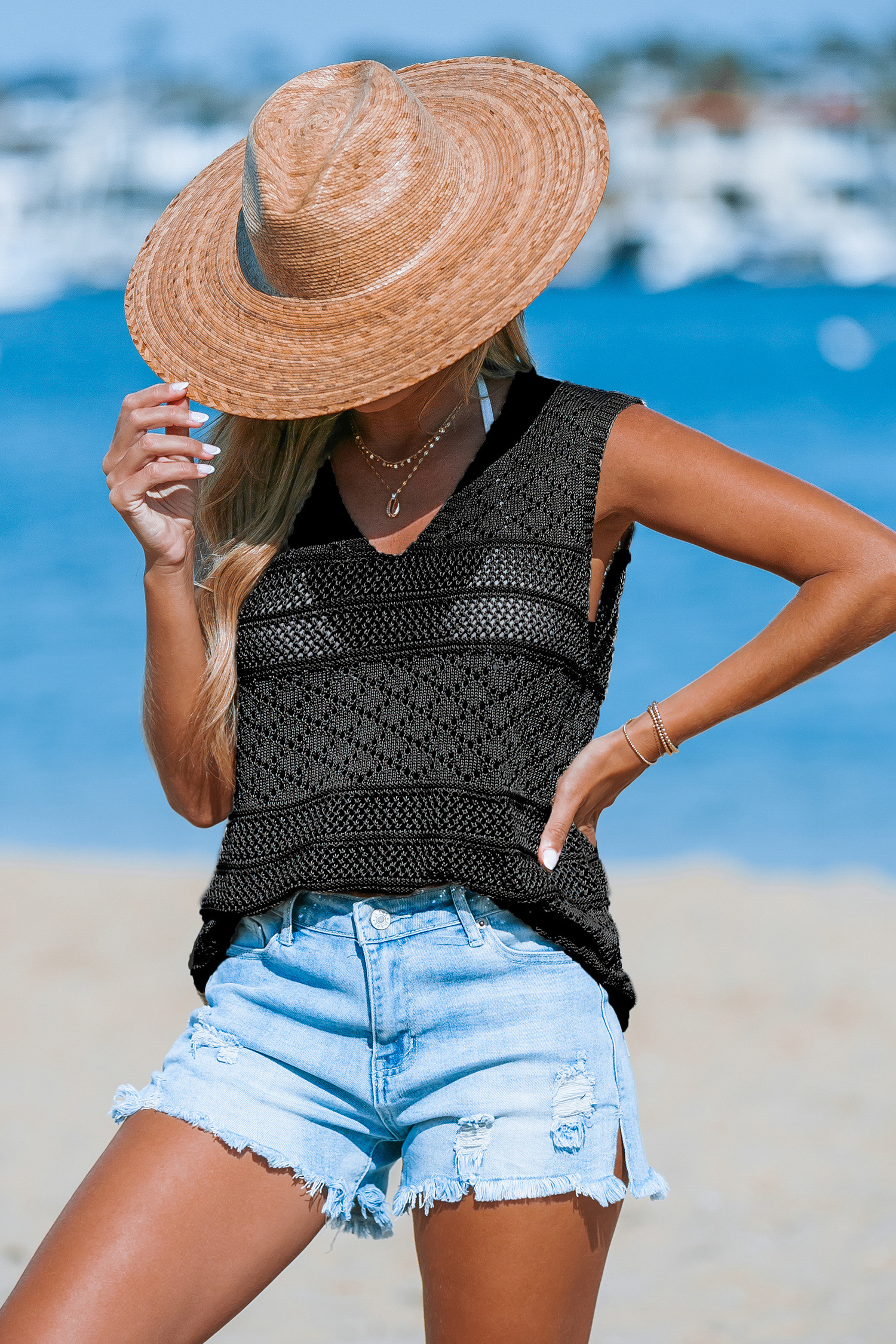 Haut cover up sans manches à col en V en tricot ouvert