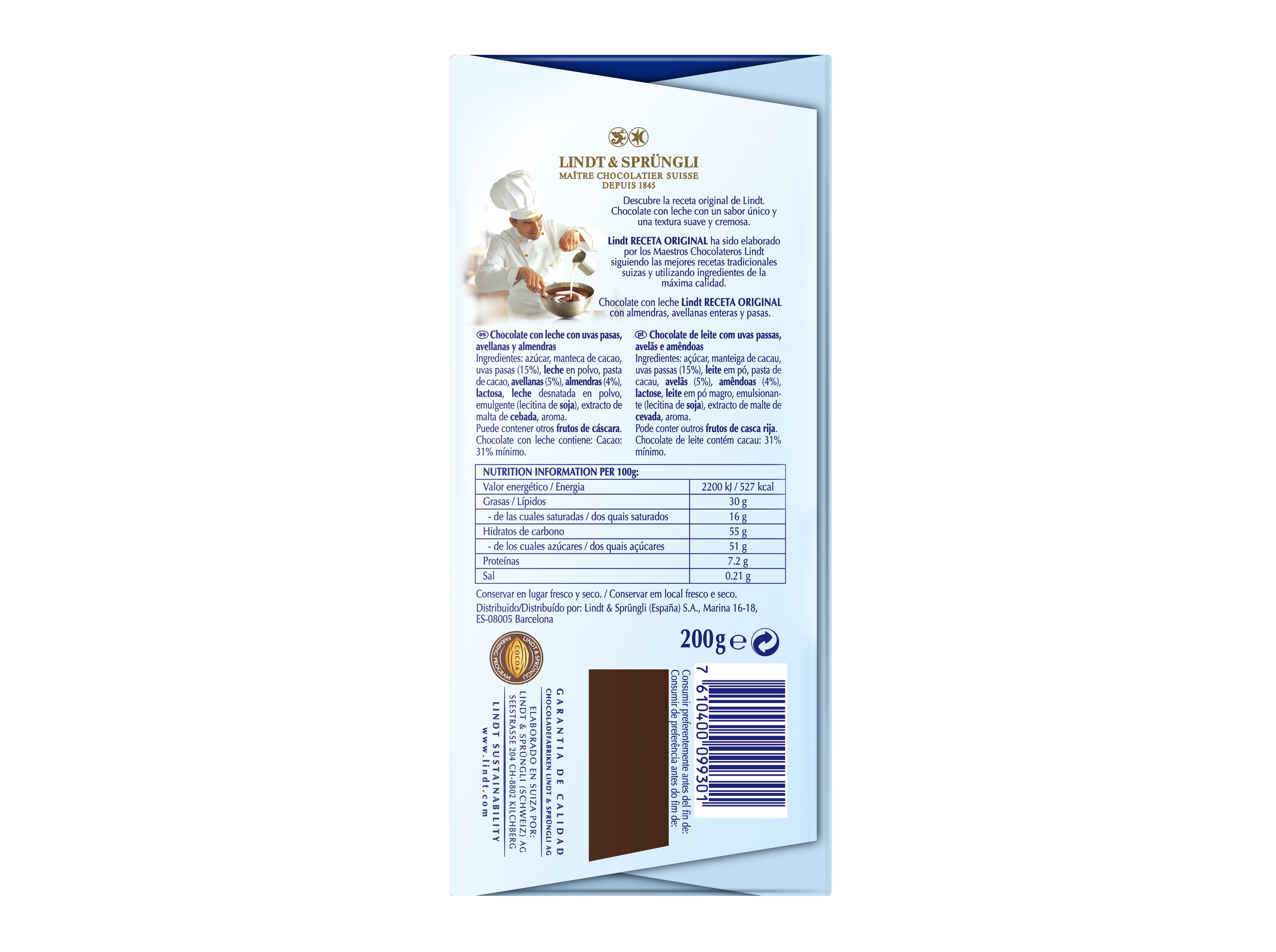 CHOCOLATE DE LEITE LINDT AVELÃS AMÊNDOAS PASSAS 200G