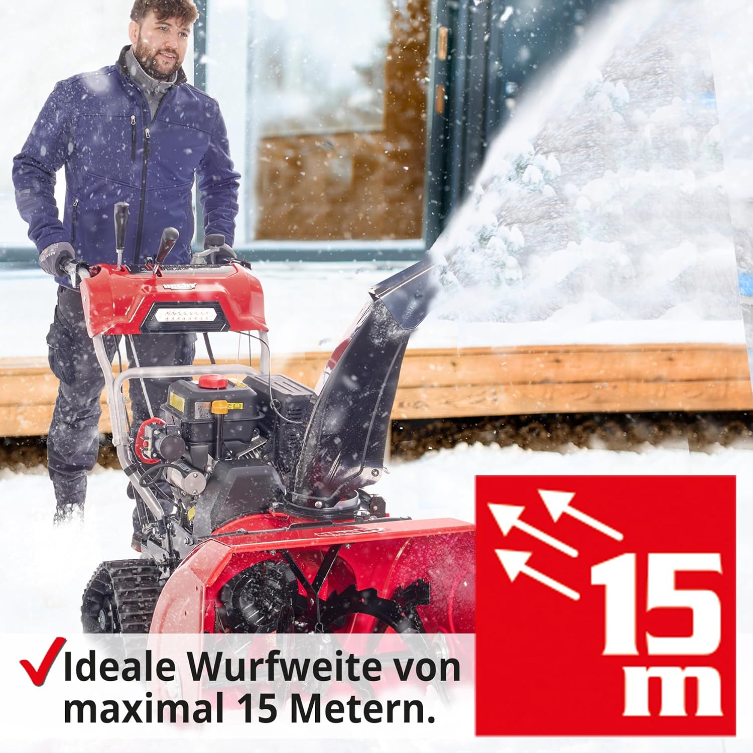 HECHT Starke Benzin Schneefräse – 66 cm Arbeitsbreite – 2-stufig – 54 cm Arbeitshöhe – 15 m Auswurfweite – mit E-Start, Raupenantrieb, 6-Vorwärts- & 2-Rückwärtsgänge, LED-Scheinwerfer, Griffheizung