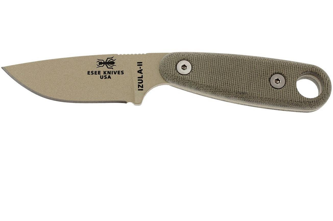 ESEE Izula II Desert Tan IZULA-II-DT survivalmes met zwarte schede   riemclip