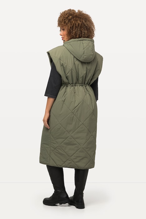 Long-Steppweste, Kapuze, 2-Wege-Zipper, ärmellos