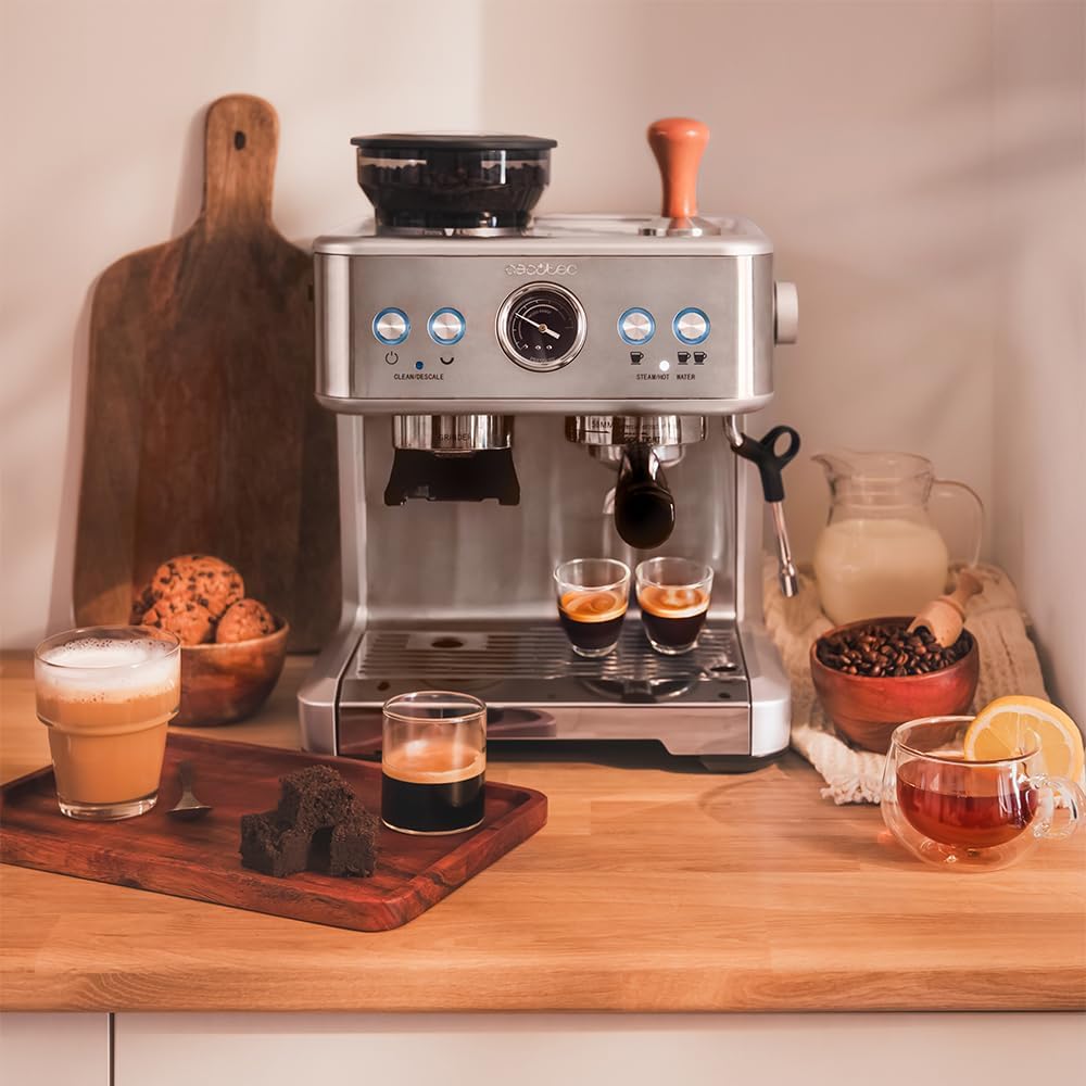 Cecotec Barista Power Espresso 20 Barista Maestro Express Kaffeemaschine. 2250 W, 20 Bar, Manometer und 2 Thermoblöcke, Kaffeebohnenbehälter, Mahlwerk mit 20 Stufen, Vaporizer