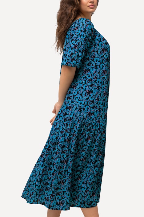 Midikleid, Ranken, Volantsaum, Rundhals, Halbarm
