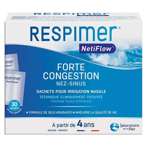 Kit de irrigação nasal Respimer Netiflow para crianças a partir de 4 anos + Pacote com 2 refis contendo 16 sachês cada.