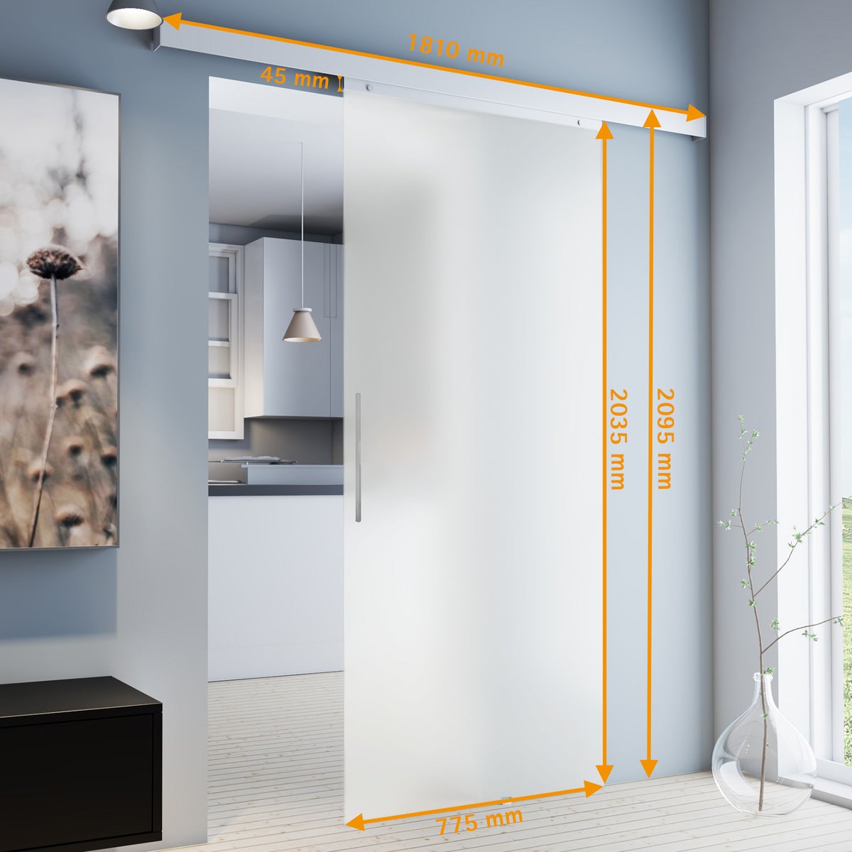 Glazen schuifdeur, mat, 900x2035 mm, binnendeur, glazen schuifdeur, glasdeurbeslagset in zwart - greep