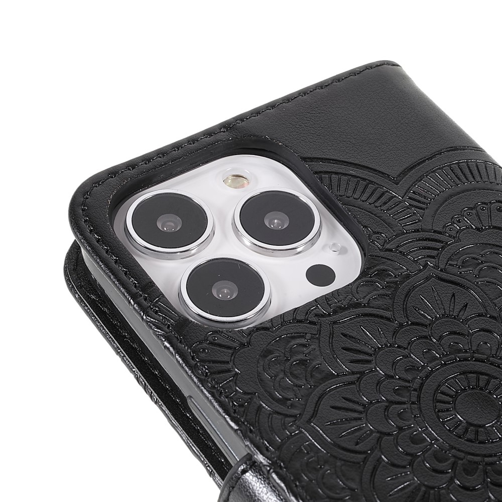 iPhone 13 Pro Leder Tasche Wallet - Mandala Flowers Imprint - Schwarz