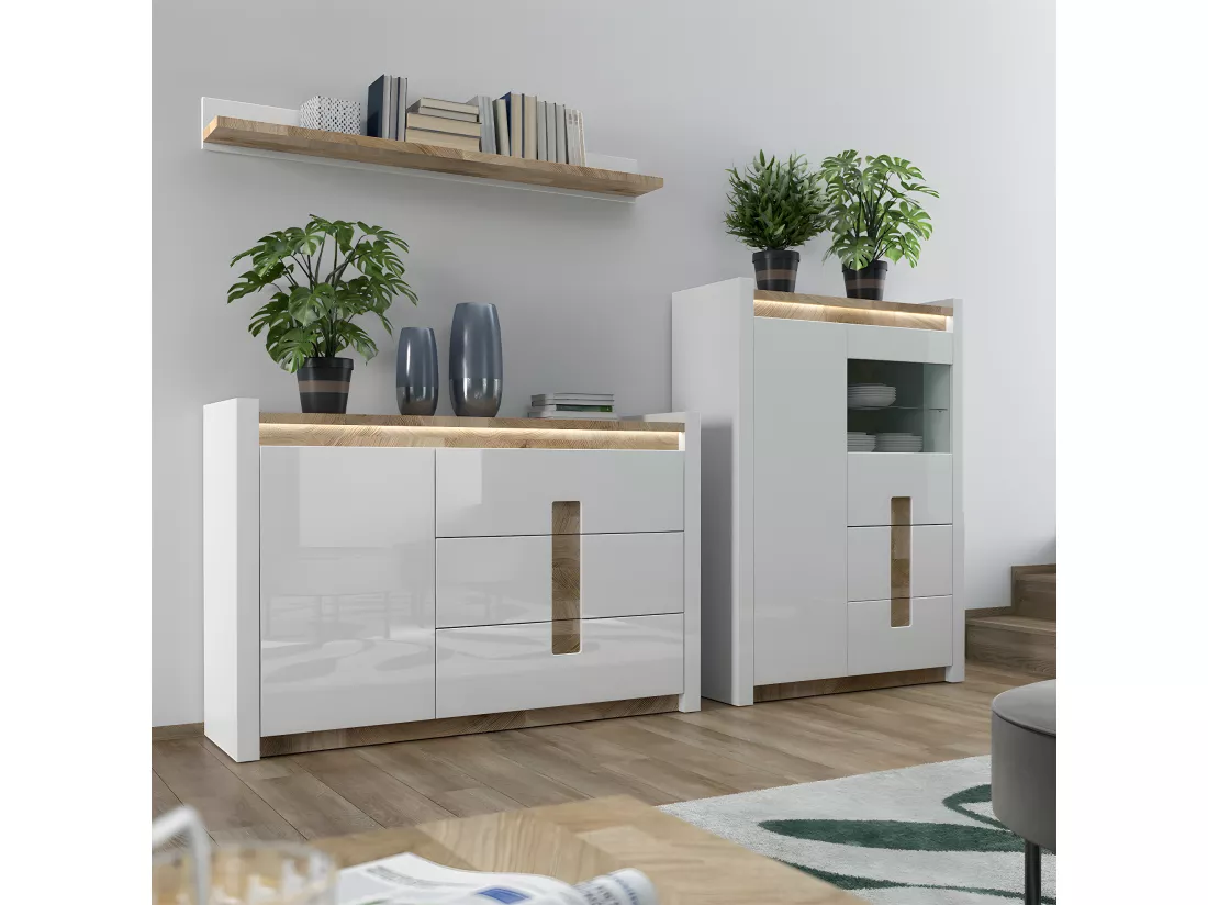 Vaisselier 2 portes 2 tiroirs avec LED Helios Blanc laqué et Bois