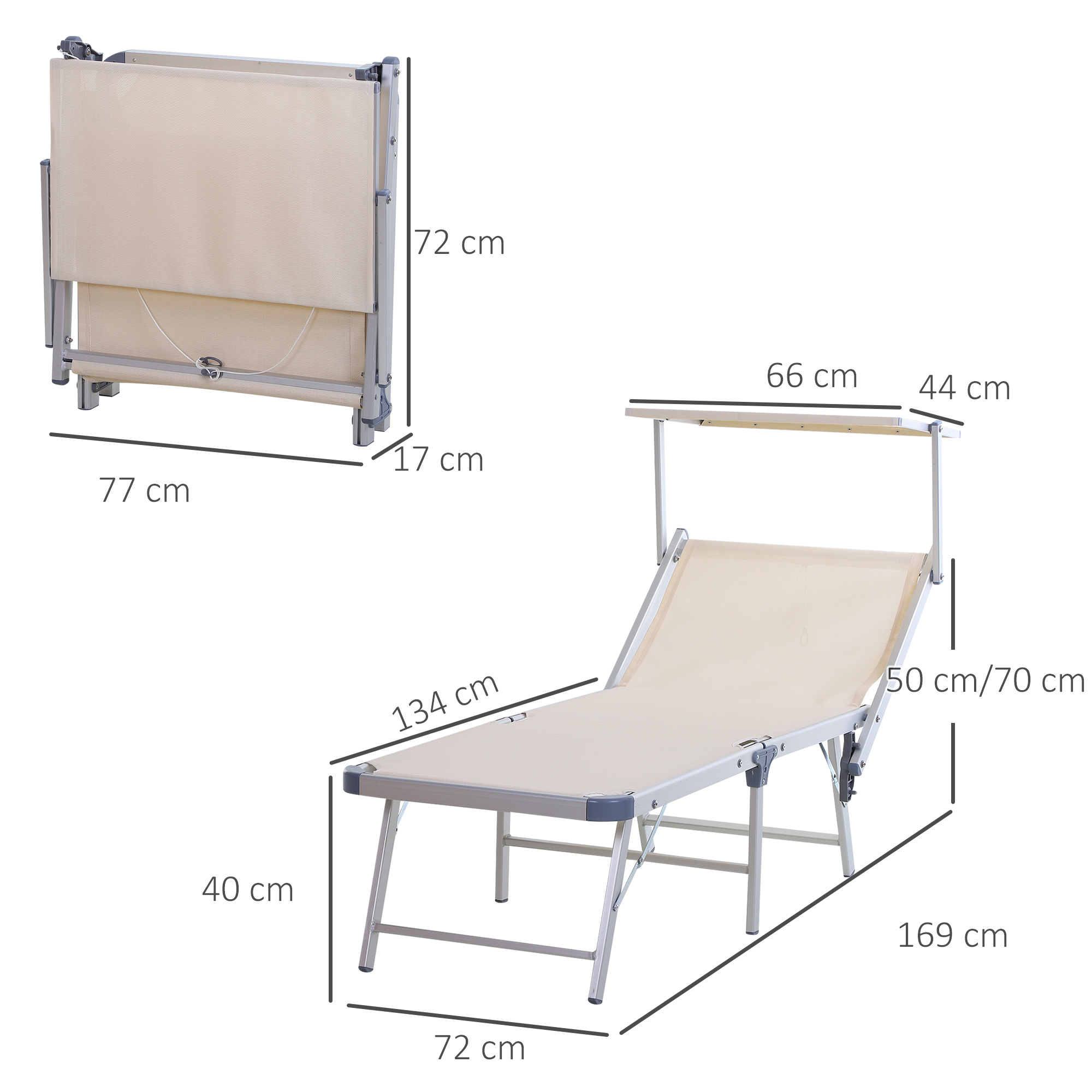 Espreguiçadeira dobrável e reclinável Outsunny em alumínio com cobertura integrada para piscina, jardim, terraço e uso externo, capacidade de carga de 120 kg, 169 x 72 x 50/70 cm, bege.