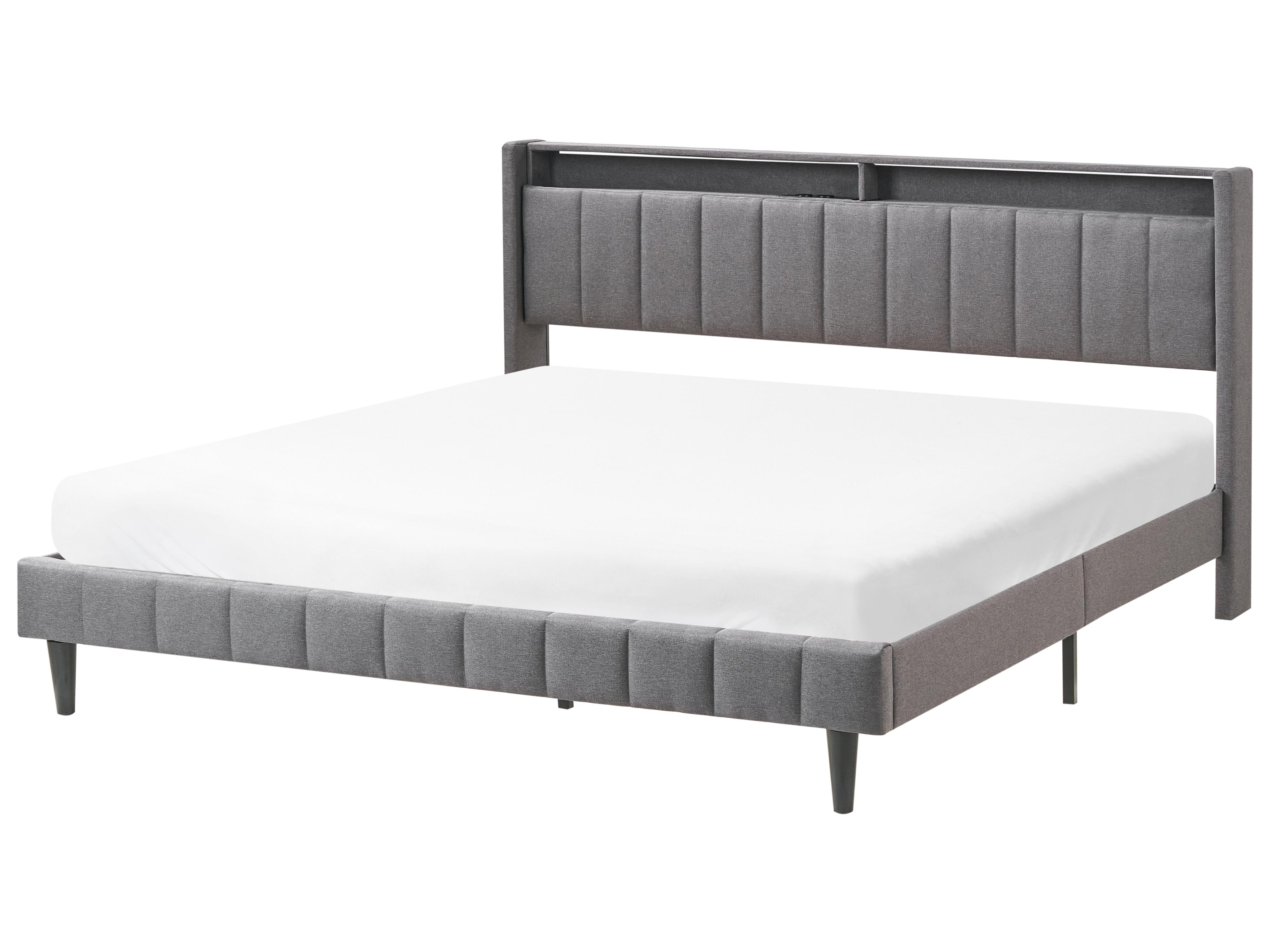 Bed met LED-verlichting Stof BEAULIEU 180 x 200 cm met opbergruimte met USB-poort Donkergrijs