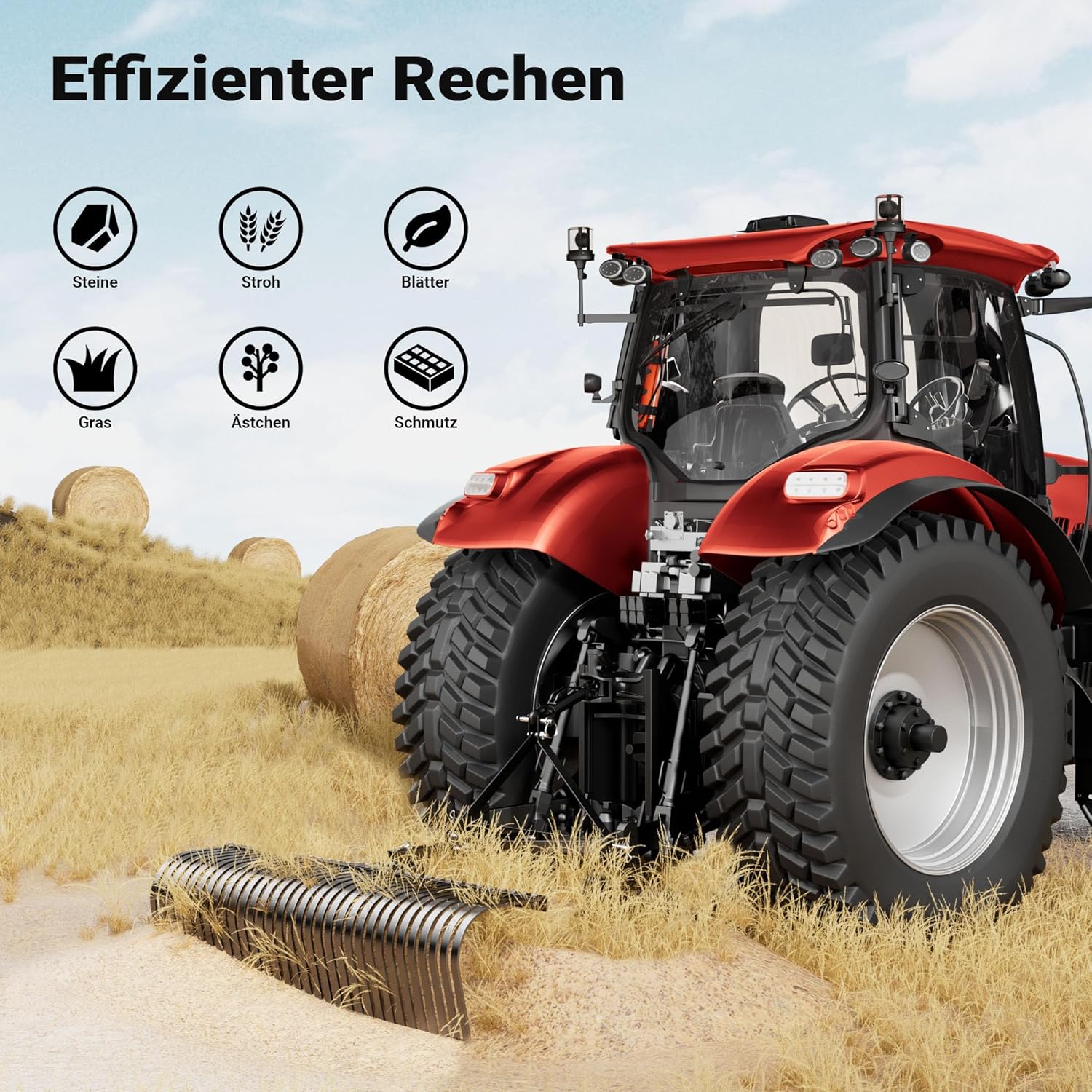 Wiltec Rasentraktor Heuharke mit 152 cm Arbeitsbreite, Heurechen mit 32 Harkenzinken, Rechen mit 3-Punkt-Aufstecksystem mit 360° Drehung