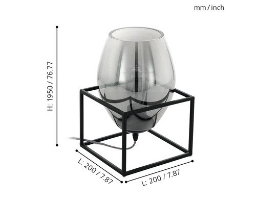 Tafellamp, 1-lichts, HxBxL 30,5x20x20 cm, olijfgroen, zwart/rookglas met kabelschakelaar