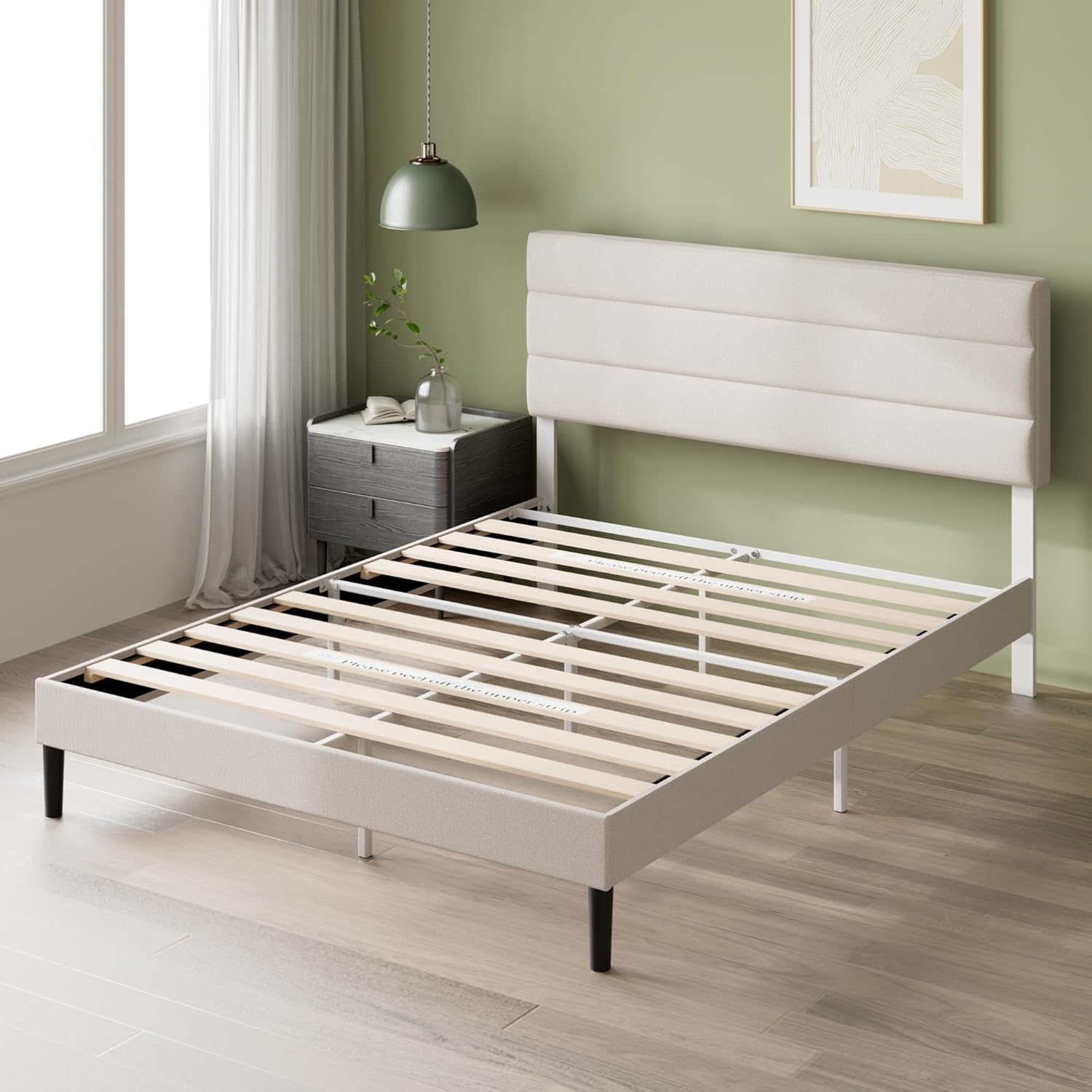 Zinus Piper Polsterbett 180x200 cm mit Kopfteil - 30 cm Hohes Bett 180x200 mit Lattenrost aus Holz - Kompakte Verpackung & Einfache Montage - Cremeweiß