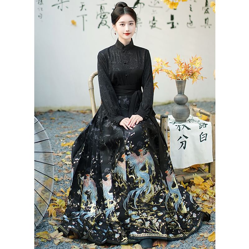 Fioridi - Traditionele Chinese top met lange mouwen, opstaande kraag, effen bloemenjacquard, knoopjes en hoge taille, geplooide maxi-A-lijn rok