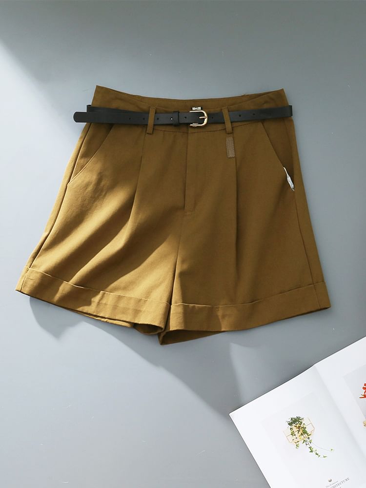 Rusutsu - Hoge taille, effen shorts met opgerolde zoom