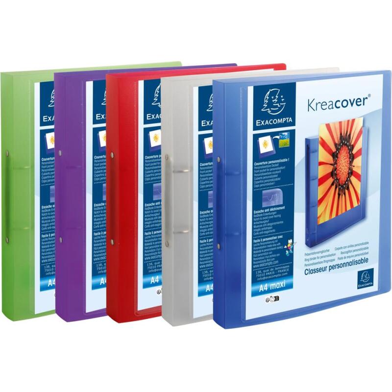 Classeur 2 anneaux plastifié Exacompta Kreacover® personnalisable A4 maxi - Dos 4 cm couleurs assorties