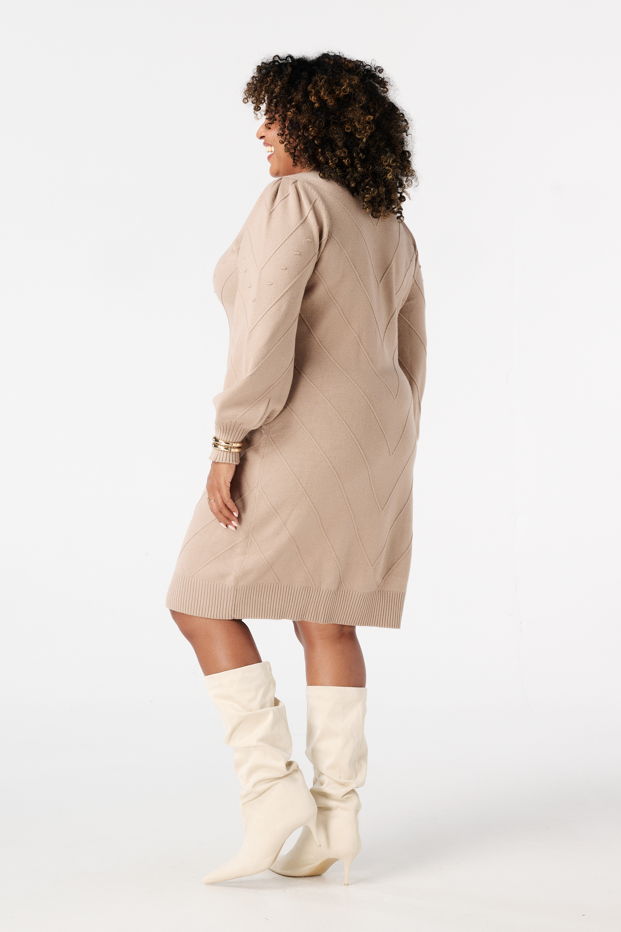 Gebreide jurk met ballonmouwen Licht taupe