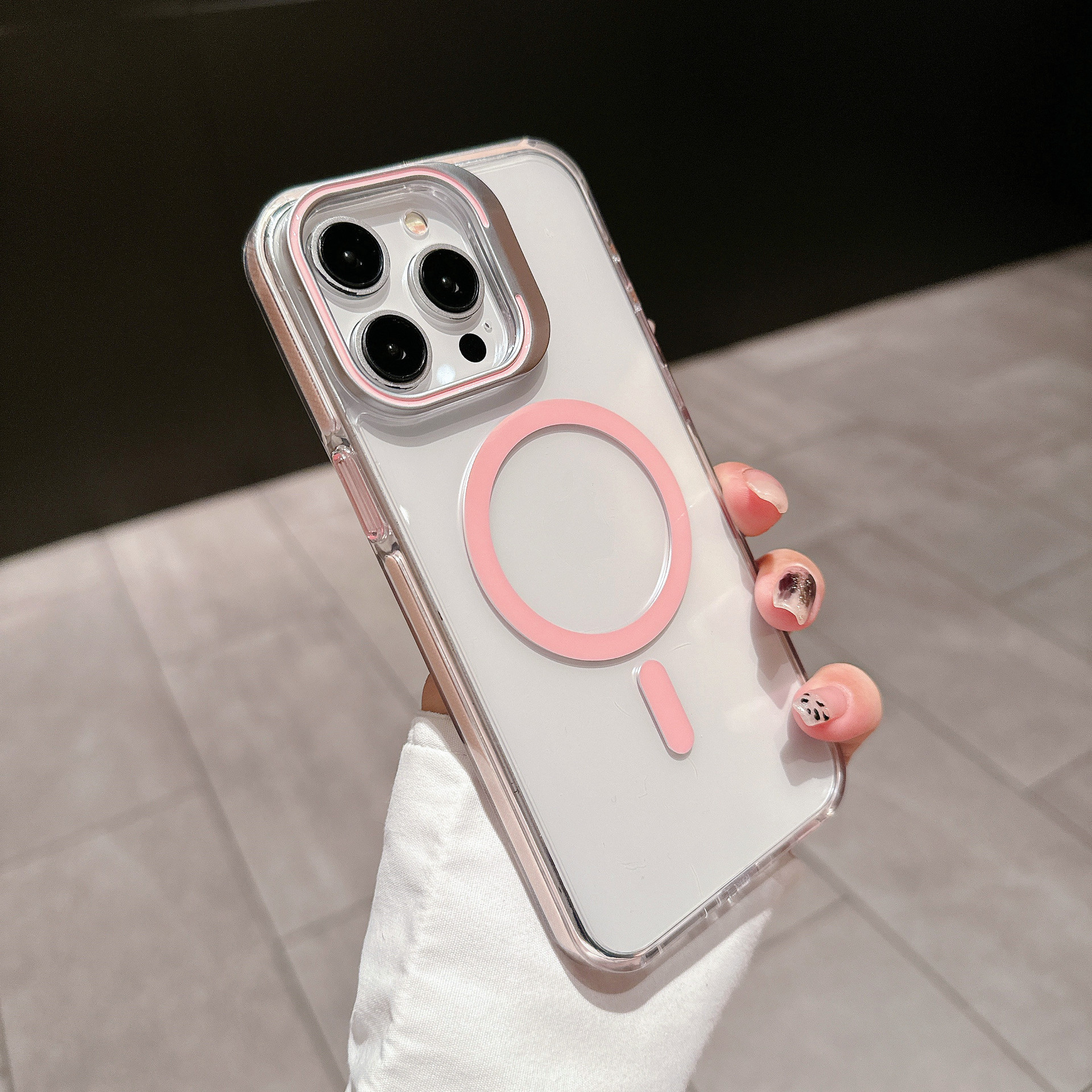iPhone 15 MagSafe Hybrid Hülle TPU Bumper Acryl Rückseite mit Kamera Kickstand - Rosa / Transparent