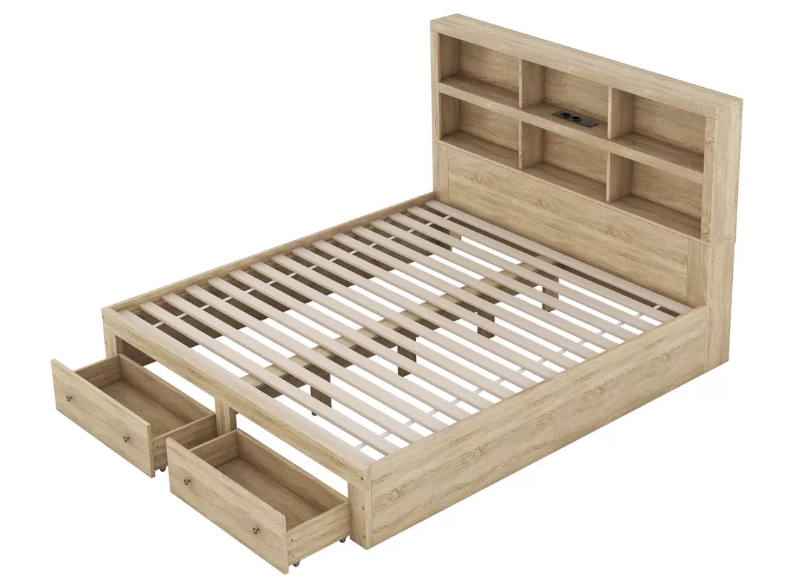Lit double en bois massif avec tiroirs de rangement et tête de lit, naturel