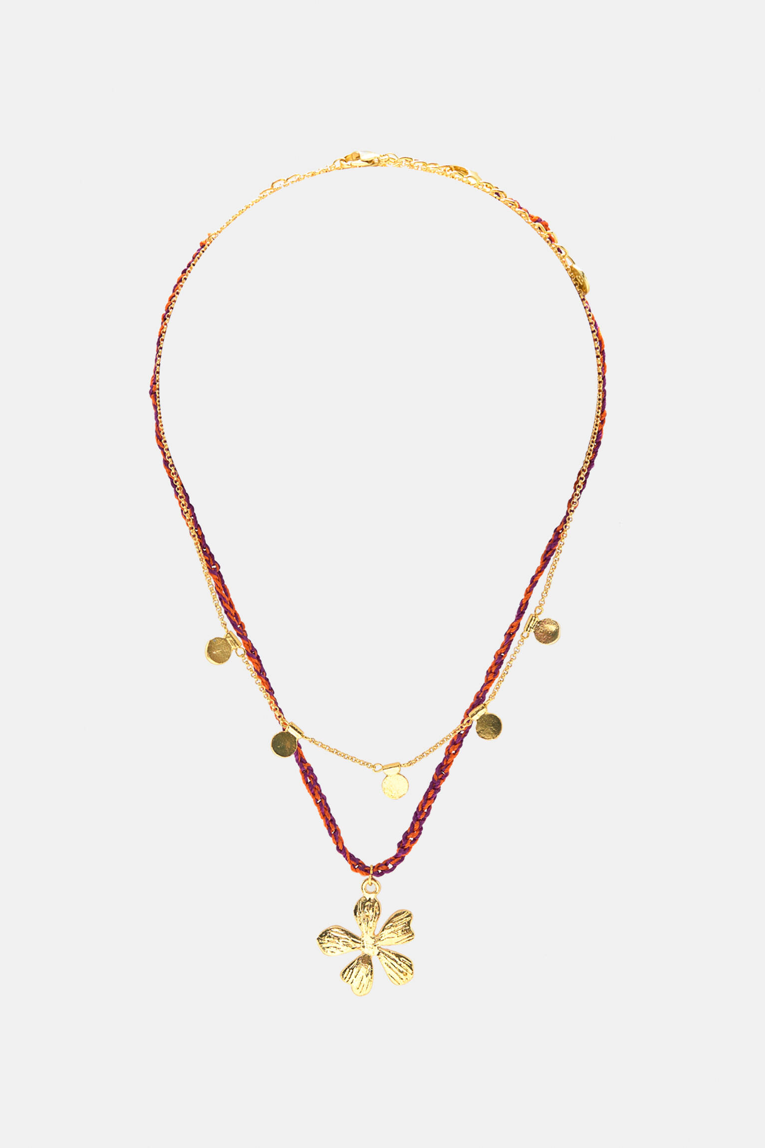 Conjunto de 2 colares de flores e correntes - dourados