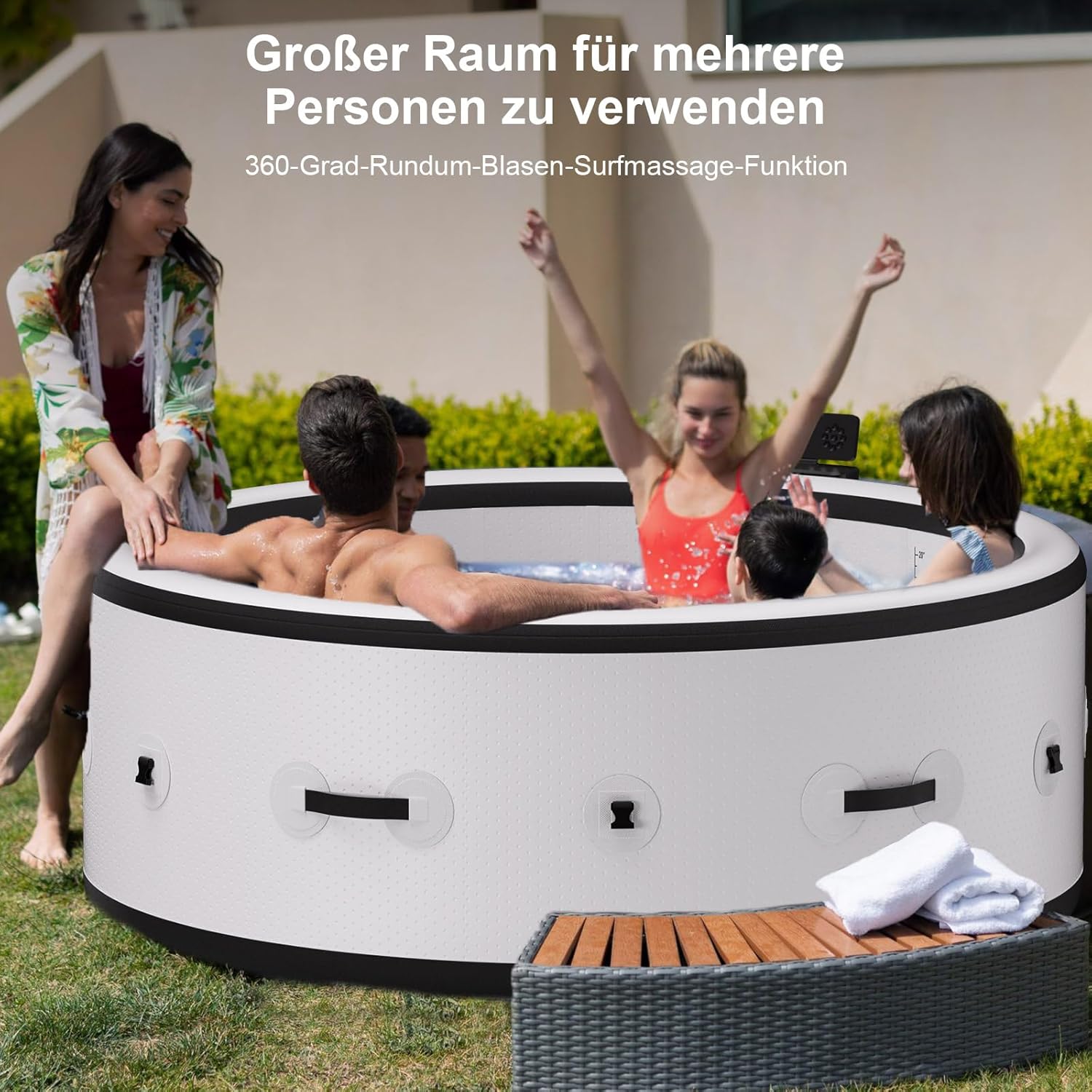 Aufblasbarer Badewannen mit Sprudelfunktion, PureSpa Pool Massage-Hottub, beruhigenden Luftdüsen, integriertem Schnellfüllsystem, LED-Lichtern (weiß, 206 x 206 x 71cm)