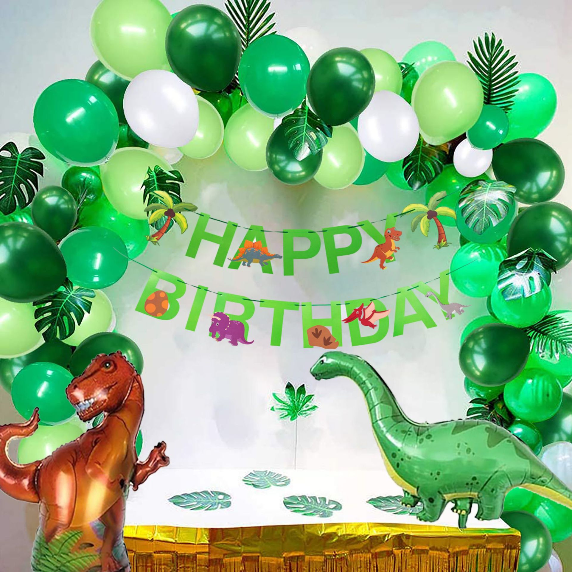 (107-tlg. Set) Happy Birthday Girlande Kinder Geburtstags Deko Dinosaurier   Folienballons / Kuchenstecker / Haut Sticker / Palmenblätter - Grün